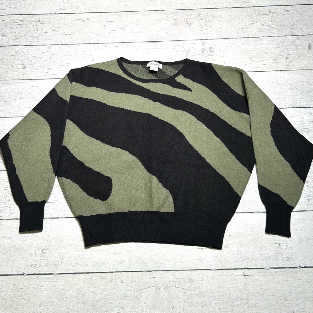 Carmen Marc Valvo Women Black Green Dolman Sleeve Abstract Print Sweater M
